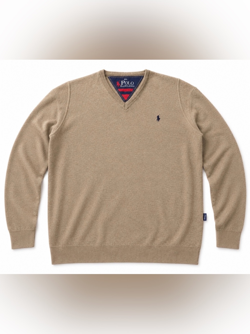 Polo by Ralph Lauren Men’s V-Neck Sweater — Khaki with Navy Logo